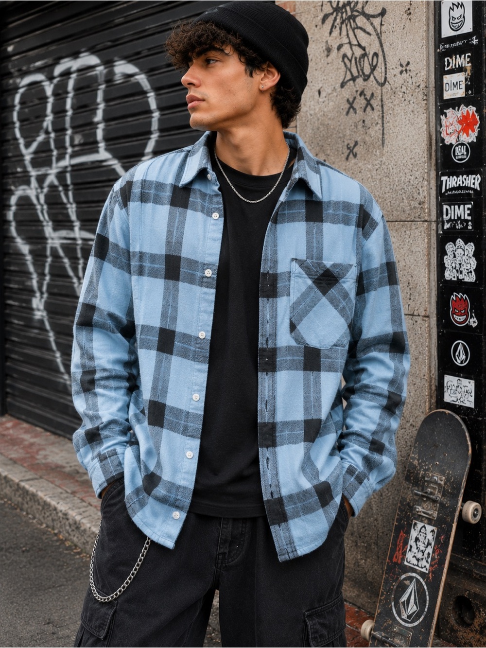 Hollister Oversized Fit Plaid Flannel Shirt Size Medium Black Dusty Blue Cotton